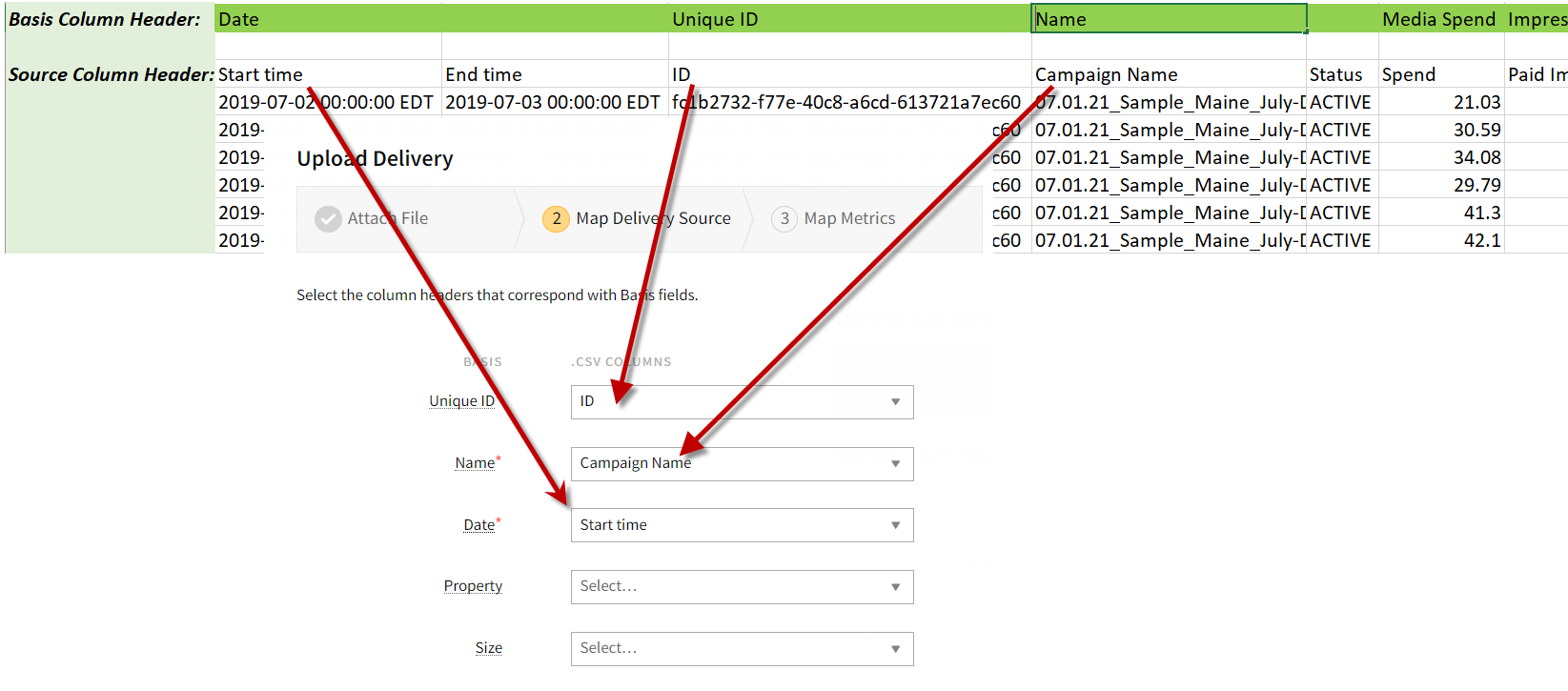 Example CSV file and the Upload Delivery modal superimposed with arrows draw between the Start time, ID, and Campaign Name CSV file column headers to the Date, Unique ID, and Name Basis field dropdowns.